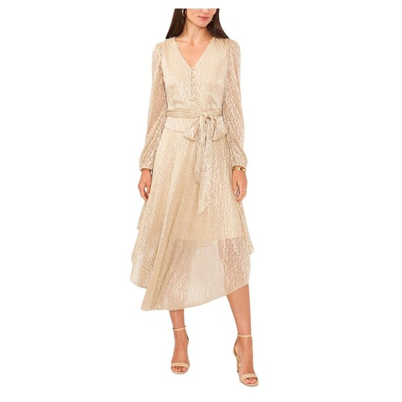 Vince Camuto Women's Belted Sheer Sleeve Metallic Dress sleigh midi dress size L - Picture 1 of 16